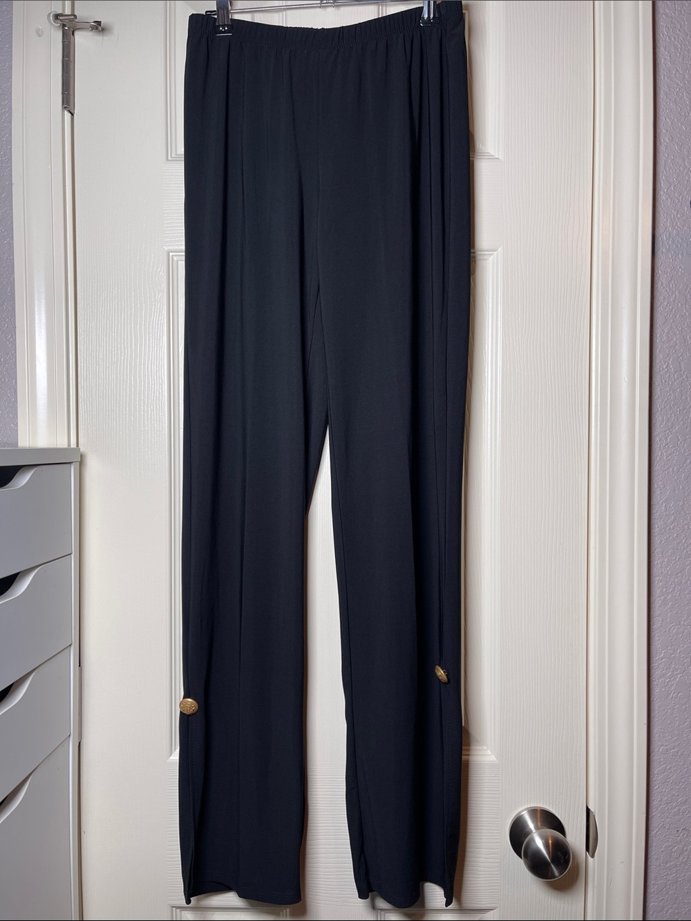 Antthony Black Wide-Leg Pull-On Pants with Gold Button Accents